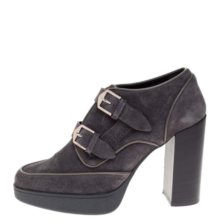Pre Owned Tod's Grey Suede Leather Buckle Block Heel Ankle Booties Size 38