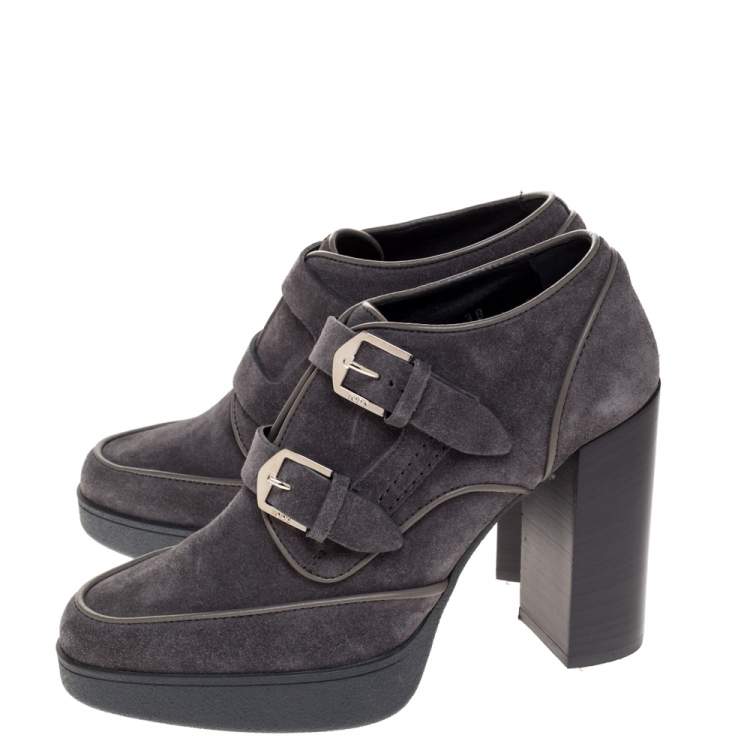 Pre Owned Tod's Grey Suede Leather Buckle Block Heel Ankle Booties Size 38