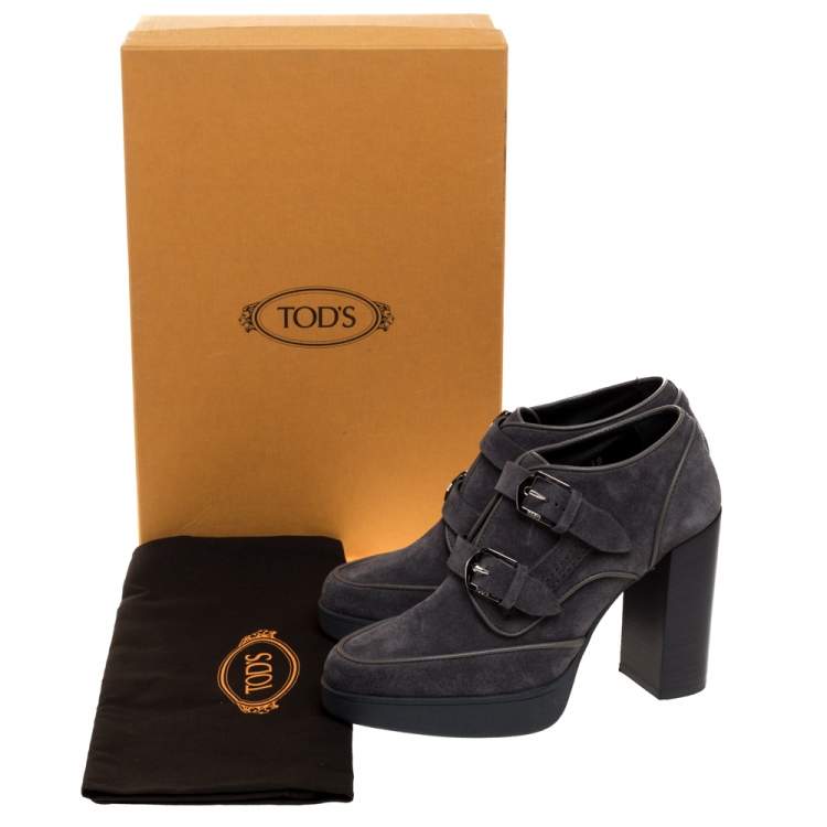 Pre Owned Tod's Grey Suede Leather Buckle Block Heel Ankle Booties Size 38