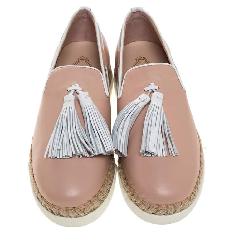 Pre Owned Tod's Pink Leather Tassel Espadrille Loafers Size 38.5 