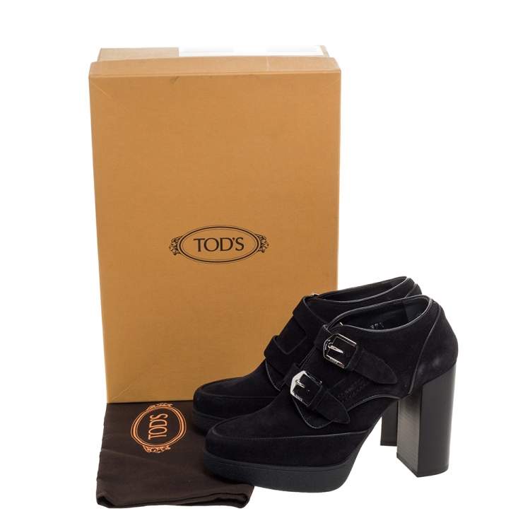 Pre Owned Tod's Black Suede Leather Buckle Block Heel Ankle Booties Size 37.5 
