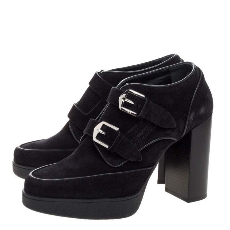 Pre Owned Tod's Black Suede Leather Buckle Block Heel Ankle Booties Size 37.5 