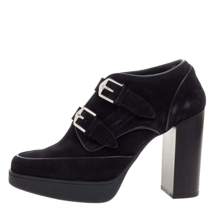 Pre Owned Tod's Black Suede Leather Buckle Block Heel Ankle Booties Size 37.5 