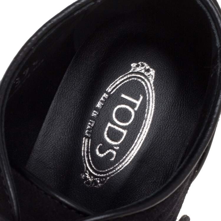 Pre Owned Tod's Black Suede Leather Buckle Block Heel Ankle Booties Size 37.5 