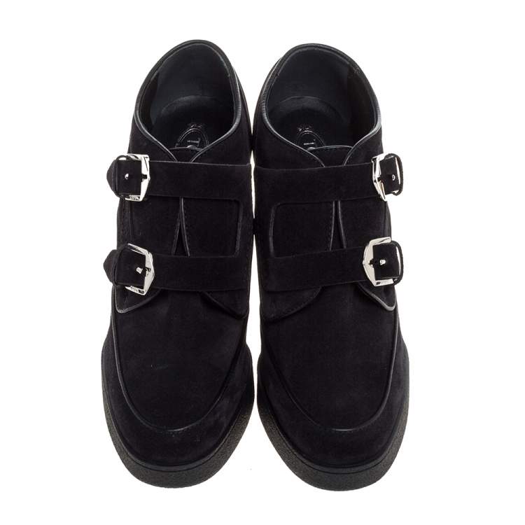 Pre Owned Tod's Black Suede Leather Buckle Block Heel Ankle Booties Size 37.5 