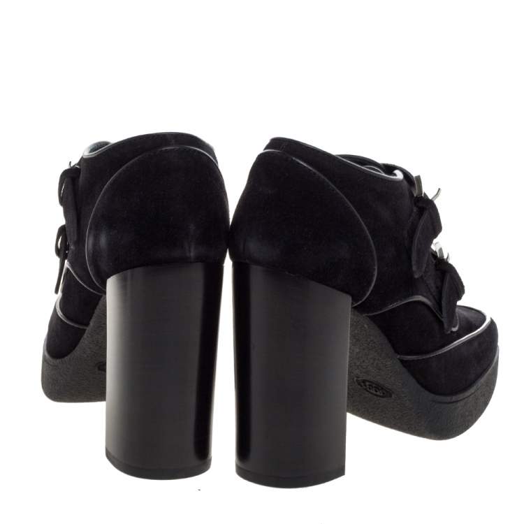 Pre Owned Tod's Black Suede Leather Buckle Block Heel Ankle Booties Size 37.5 