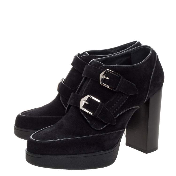 Pre Owned Tod's Black Suede Leather Buckle Block Heel Ankle Booties Size 38.5 