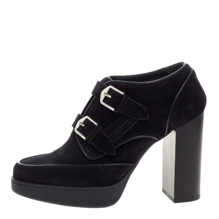 Pre Owned Tod's Black Suede Leather Buckle Block Heel Ankle Booties Size 38.5 
