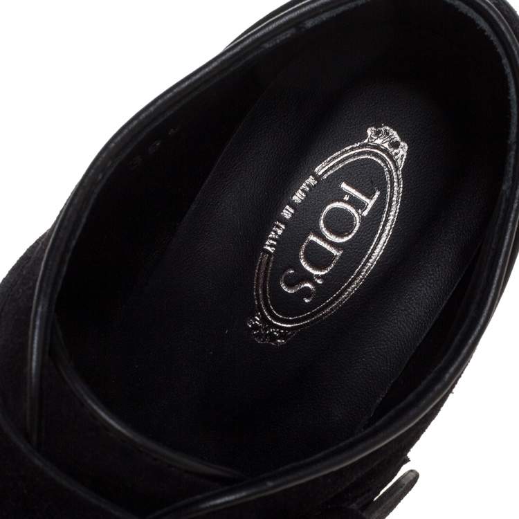 Pre Owned Tod's Black Suede Leather Buckle Block Heel Ankle Booties Size 38.5 