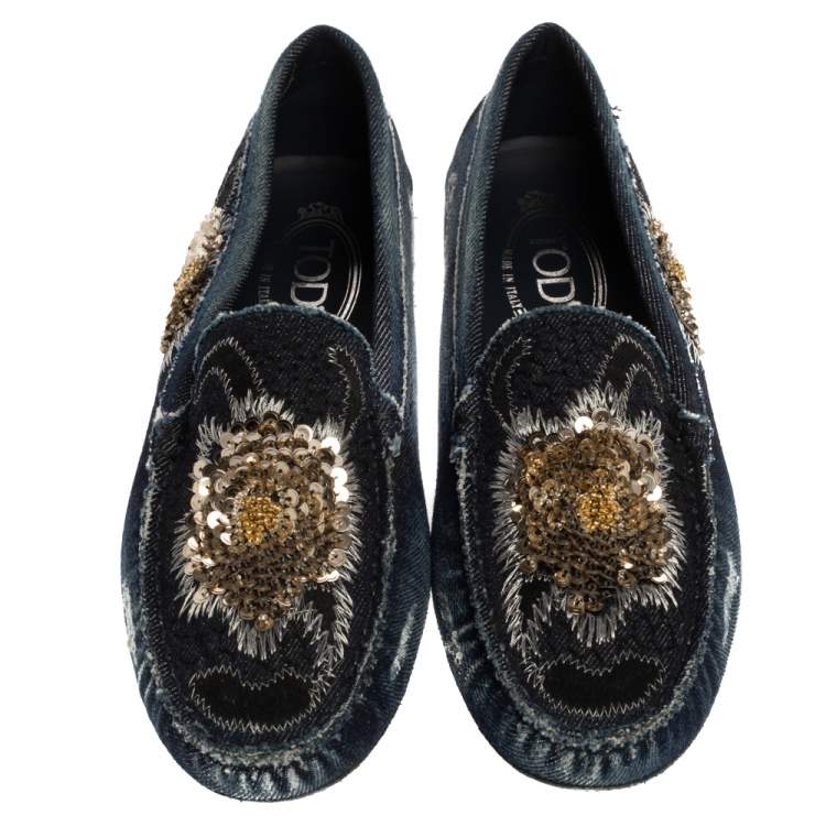 Pre Owned Tod's Blue Denim Fabric Sequin Embellished Slip On Loafers Size 37.5