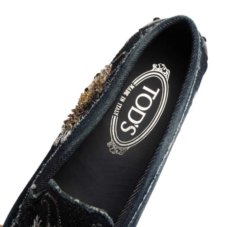 Pre Owned Tod's Blue Denim Fabric Sequin Embellished Slip On Loafers Size 38.5
