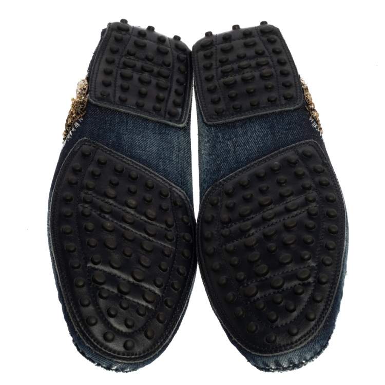 Pre Owned Tod's Blue Denim Fabric Sequin Embellished Slip On Loafers Size 38.5