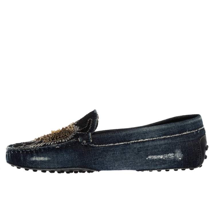 Pre Owned Tod's Blue Denim Fabric Sequin Embellished Slip On Loafers Size 38.5