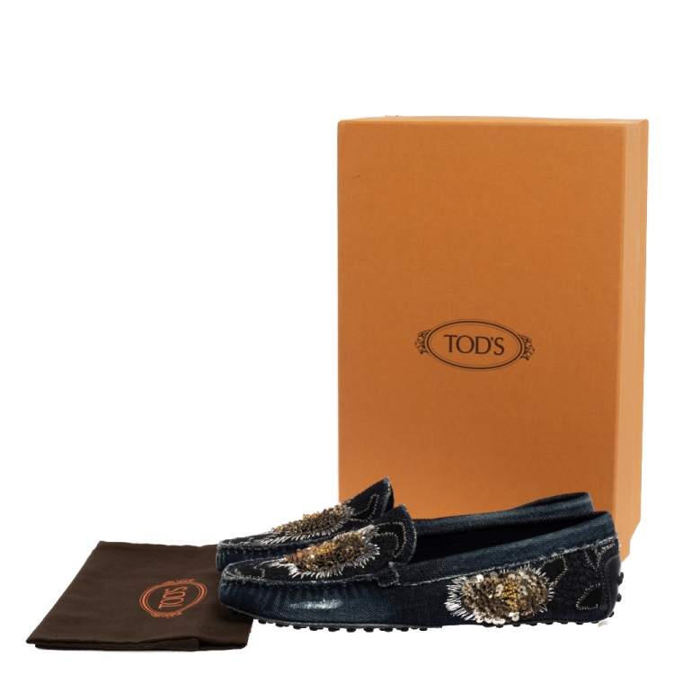 Pre Owned Tod's Blue Denim Fabric Sequin Embellished Slip On Loafers Size 38.5