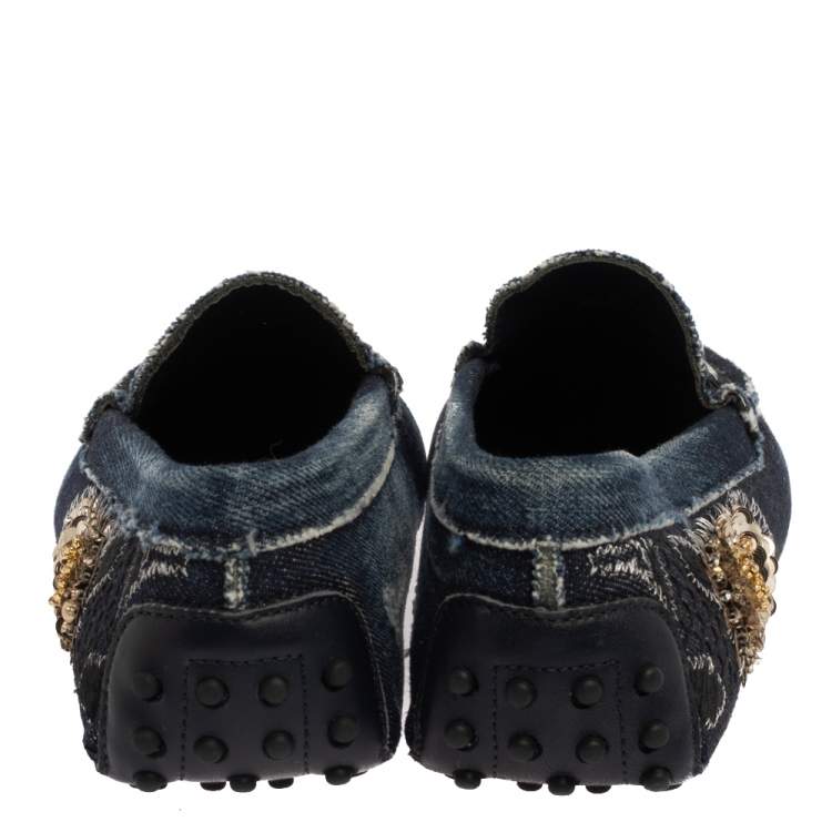 Pre Owned Tod's Blue Denim Fabric Sequin Embellished Slip On Loafers Size 38.5