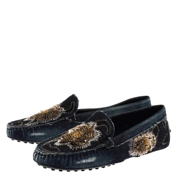 Pre Owned Tod's Blue Denim Fabric Sequin Embellished Slip On Loafers Size 38.5
