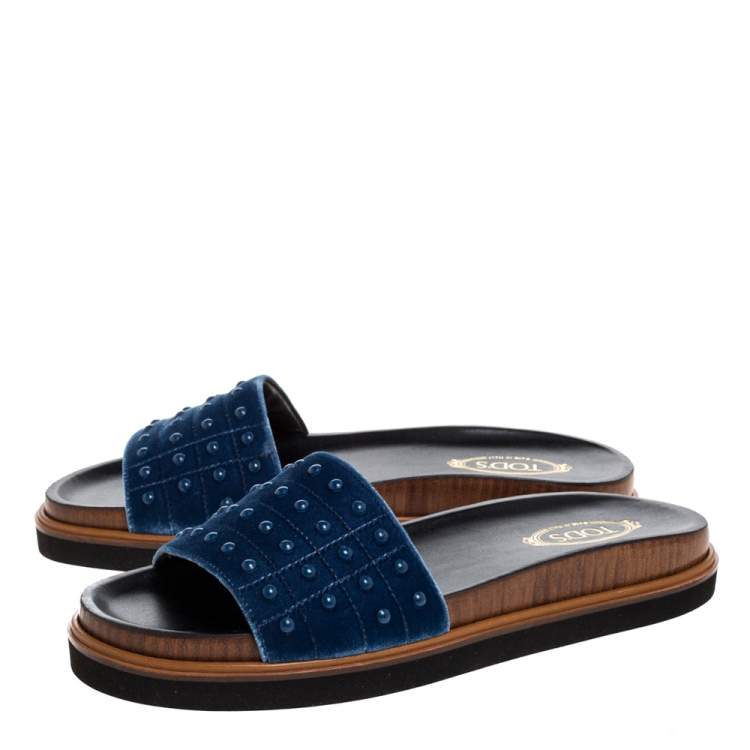 Pre Owned Tod's Blue Velvet Studded Flat Slides Size 39 