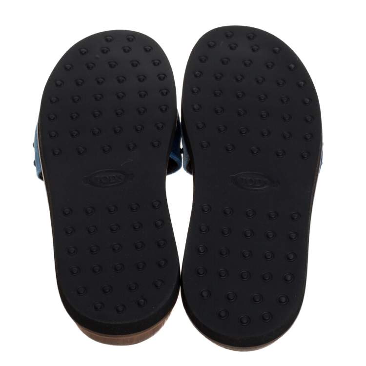 Pre Owned Tod's Blue Velvet Studded Flat Slides Size 39 