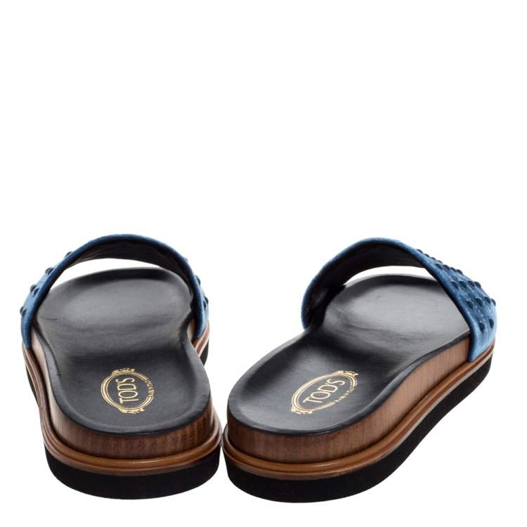 Pre Owned Tod's Blue Velvet Studded Flat Slides Size 39 