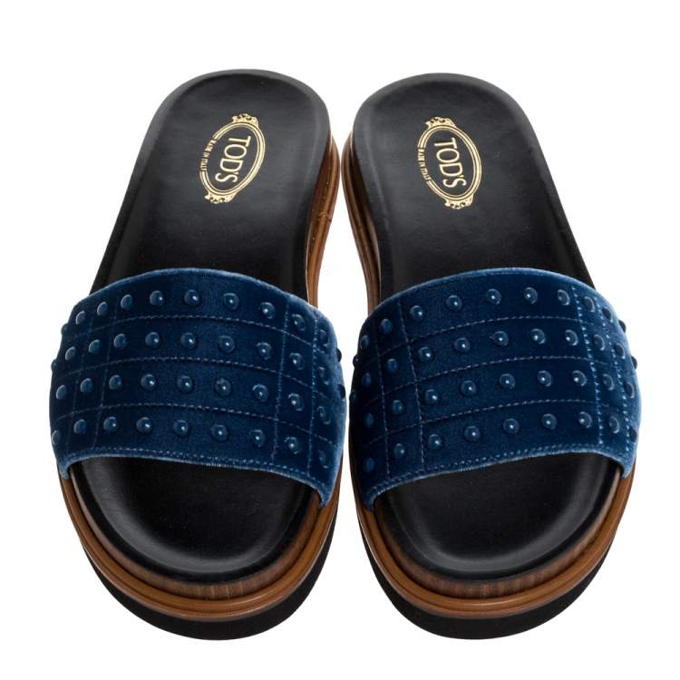 Pre Owned Tod's Blue Velvet Studded Flat Slides Size 39 