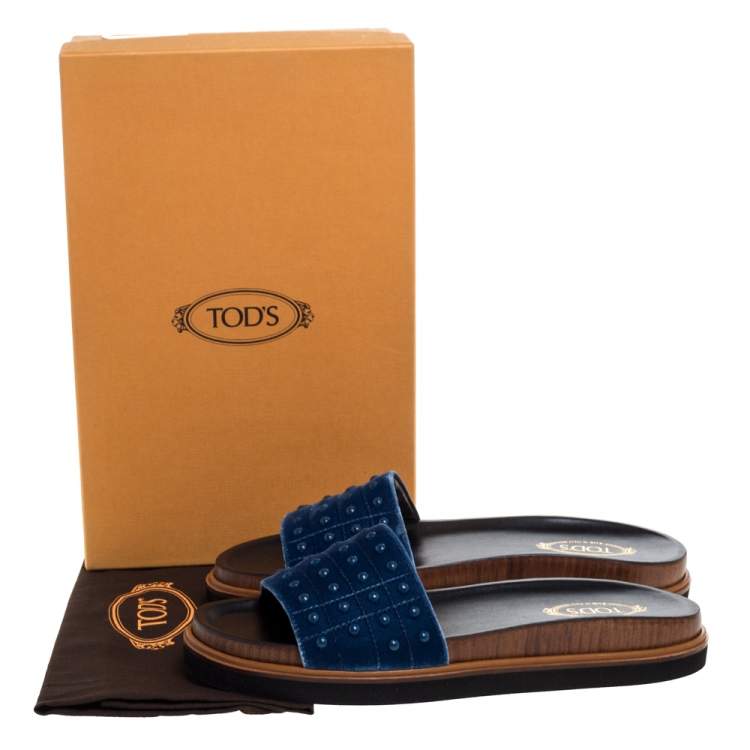Pre Owned Tod's Blue Velvet Studded Flat Slides Size 39 