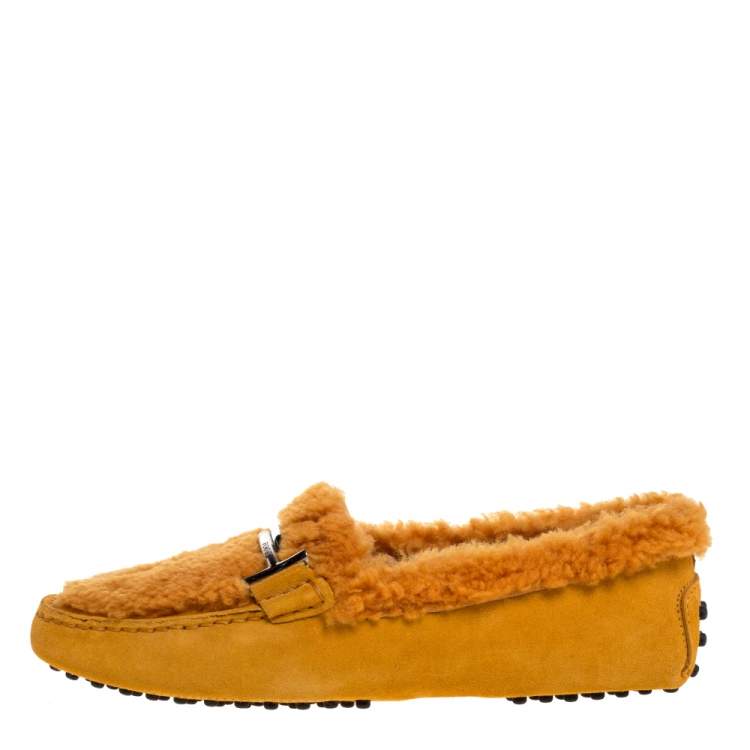 Pre Owned Tod's Orange Suede Leather And Shearling Double T Slip On Loafers Size 37