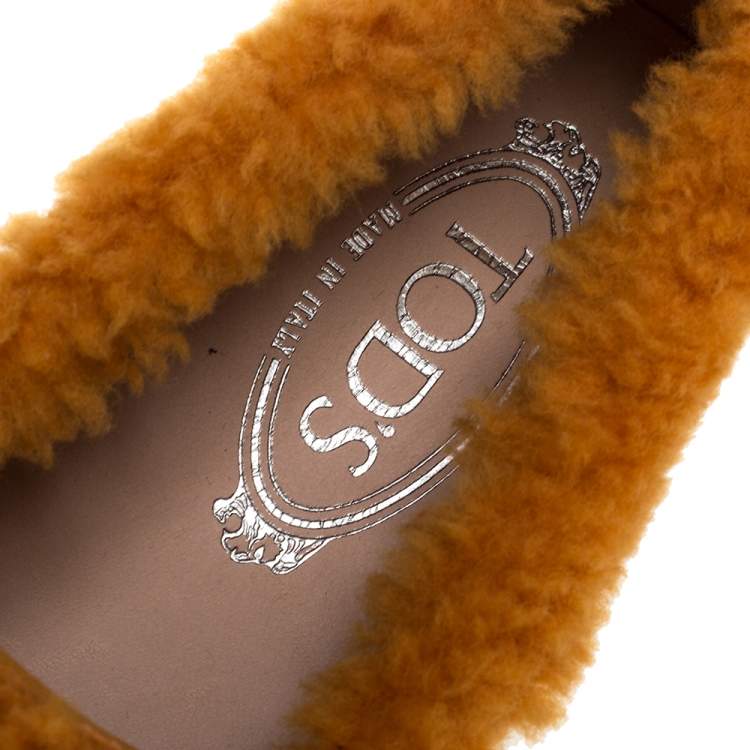Pre Owned Tod's Orange Suede Leather And Shearling Double T Slip On Loafers Size 37