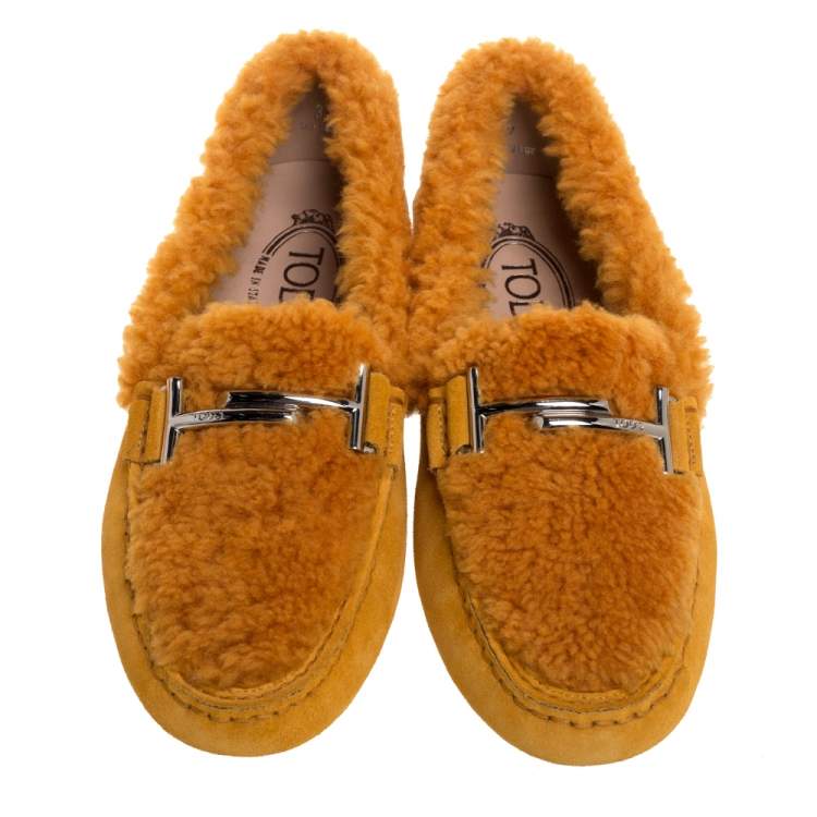 Pre Owned Tod's Orange Suede Leather And Shearling Double T Slip On Loafers Size 37