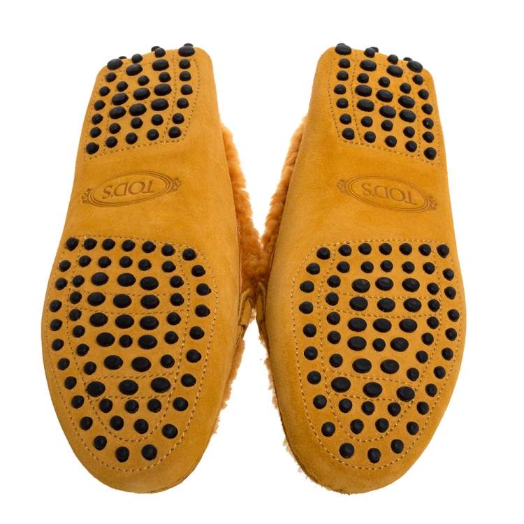 Pre Owned Tod's Orange Suede Leather And Shearling Double T Slip On Loafers Size 37