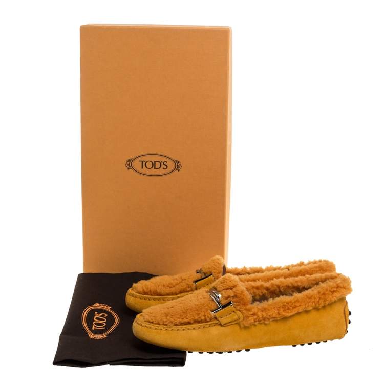 Pre Owned Tod's Orange Suede Leather And Shearling Double T Slip On Loafers Size 37