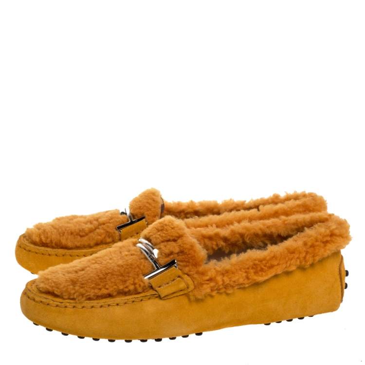 Pre Owned Tod's Orange Suede Leather And Shearling Double T Slip On Loafers Size 37