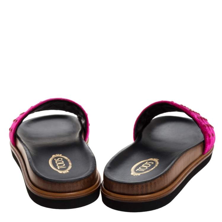 Pre Owned Tod's Red Velvet Studded Flat Slides Size 40 