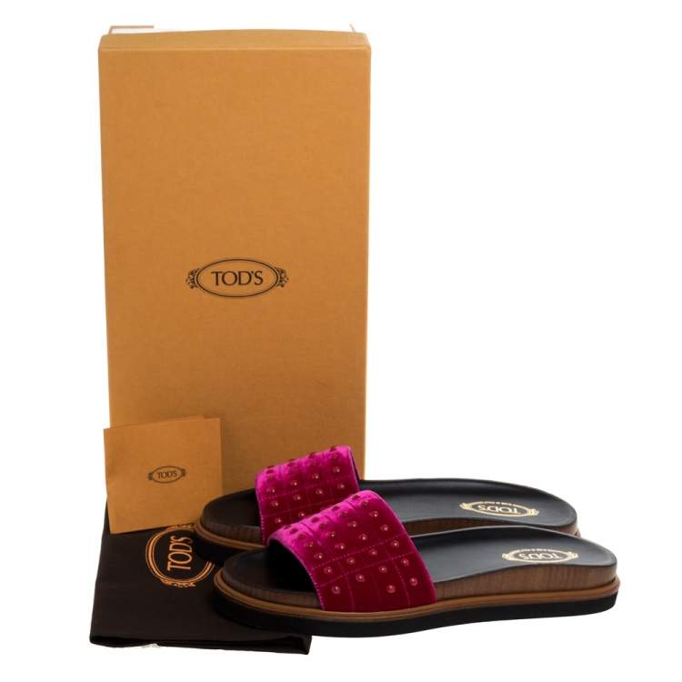 Pre Owned Tod's Red Velvet Studded Flat Slides Size 40 