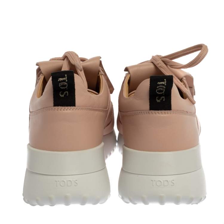 Pre Owned Tod's Pink Leather Studded Fringe Low Top Sneakers Size 36.5