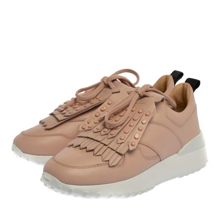 Pre Owned Tod's Pink Leather Studded Fringe Low Top Sneakers Size 36.5