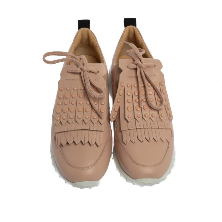 Pre Owned Tod's Pink Leather Studded Fringe Low Top Sneakers Size 36.5