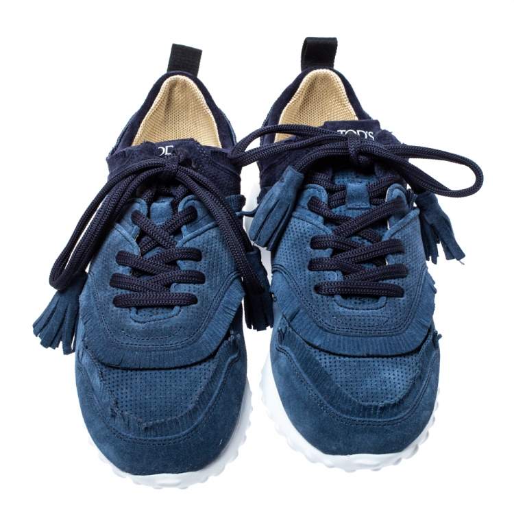 Pre Owned Tod's Blue Suede Leather Tassel Fringe Low Top Sneakers Size 37