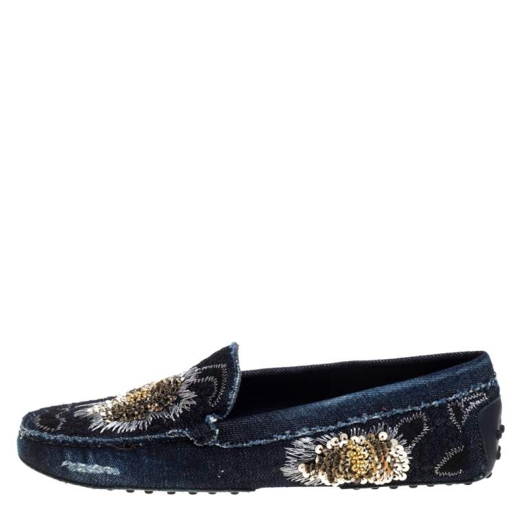 Pre Owned Tod's Blue Denim Fabric Sequin Embellished Slip On Loafers Size 40.5
