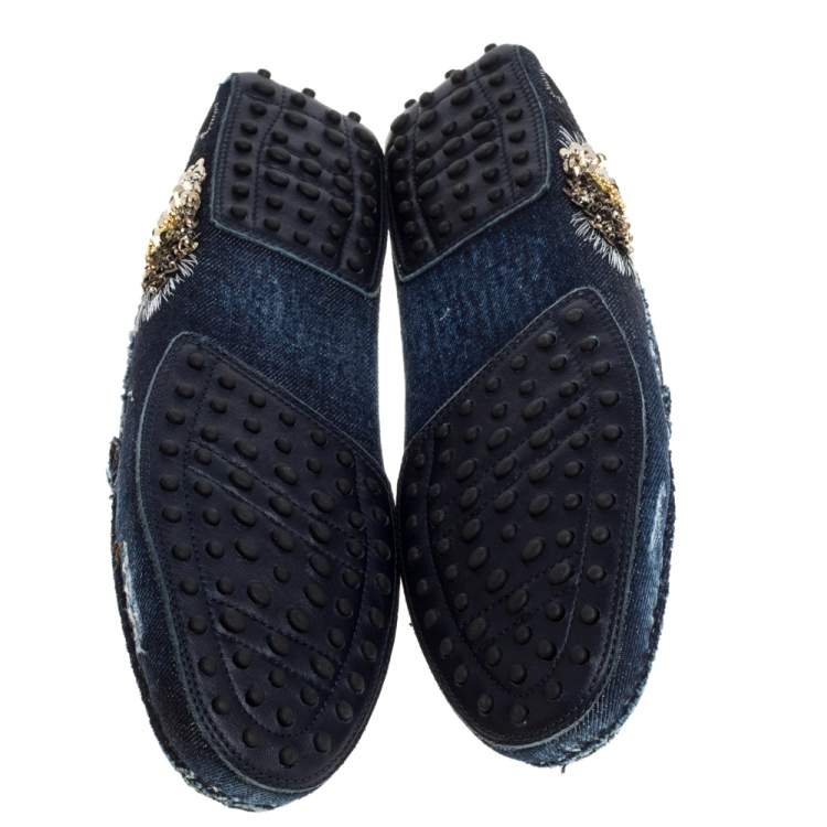 Pre Owned Tod's Blue Denim Fabric Sequin Embellished Slip On Loafers Size 40.5