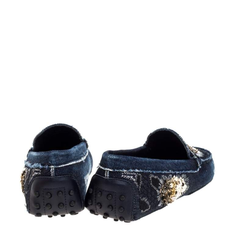 Pre Owned Tod's Blue Denim Fabric Sequin Embellished Slip On Loafers Size 40.5