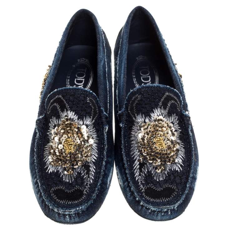 Pre Owned Tod's Blue Denim Fabric Sequin Embellished Slip On Loafers Size 40.5