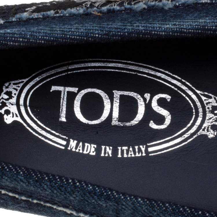 Pre Owned Tod's Blue Denim Fabric Sequin Embellished Slip On Loafers Size 40.5