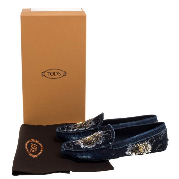 Pre Owned Tod's Blue Denim Fabric Sequin Embellished Slip On Loafers Size 40.5