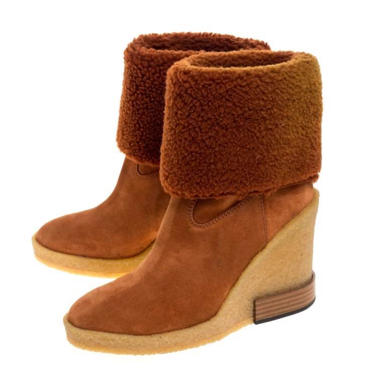 Pre Owned Tod's Brown Suede And Wool Wedge Ankle Boots Size 36
