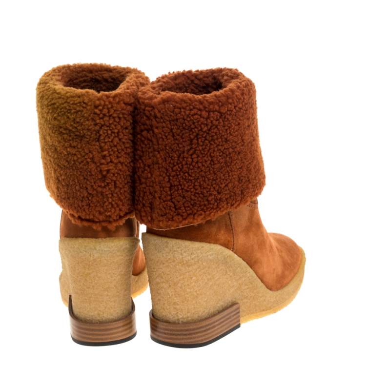 Pre Owned Tod's Brown Shearling And Suede Leather Wedge Ankle Boots Size 37