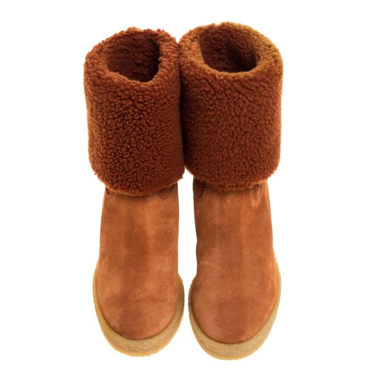 Pre Owned Tod's Brown Shearling And Suede Leather Wedge Ankle Boots Size 37