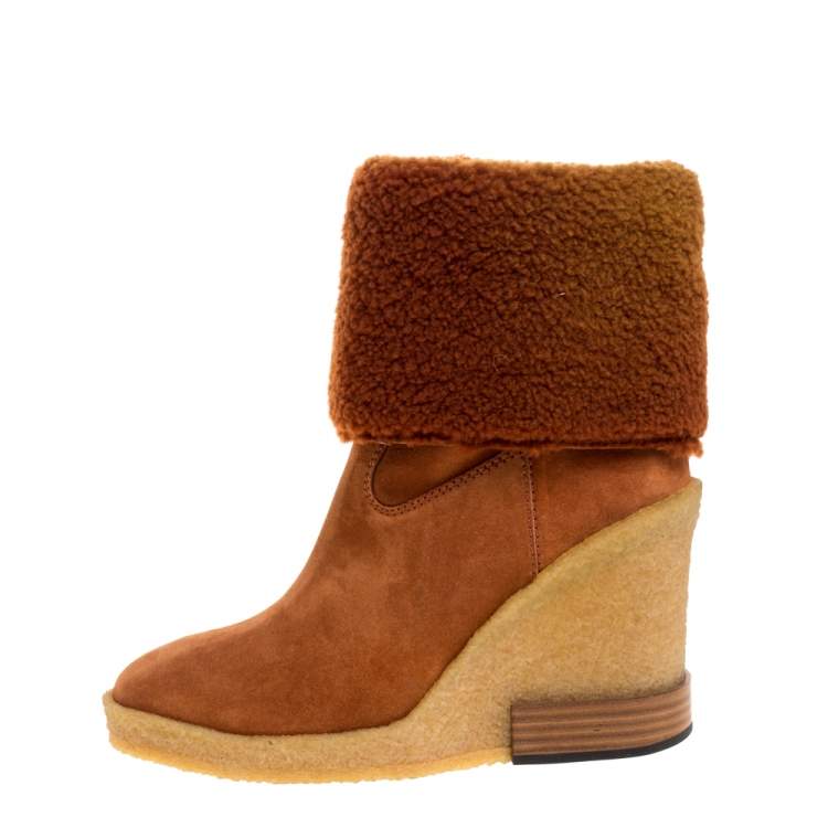 Pre Owned Tod's Brown Shearling And Suede Leather Wedge Ankle Boots Size 37