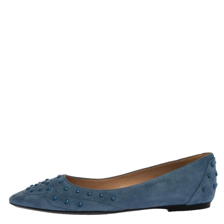 Pre Owned Tod's Blue Suede Leather Studded Ballet Flats Size 37