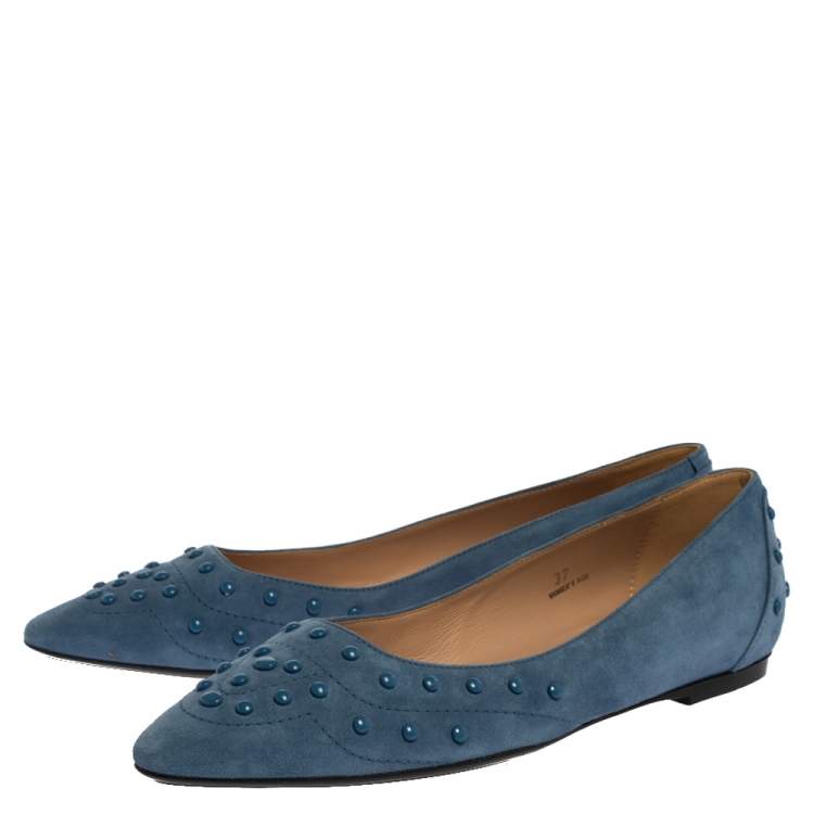 Pre Owned Tod's Blue Suede Leather Studded Ballet Flats Size 37