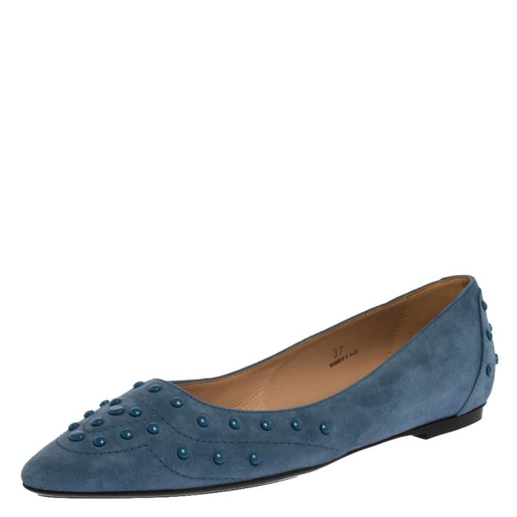 Pre Owned Tod's Blue Suede Leather Studded Ballet Flats Size 37
